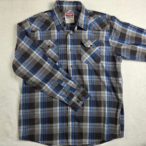 Wrangler Western Shirt Mens Large Blue Black Plaid Excellent Snap Front Long Sle